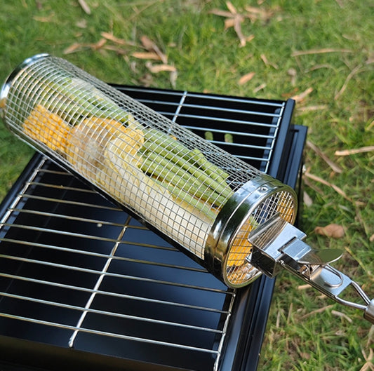 BBQ Cage Stainless Steel Round Barbecue Basket 30cm+Handle 18cm