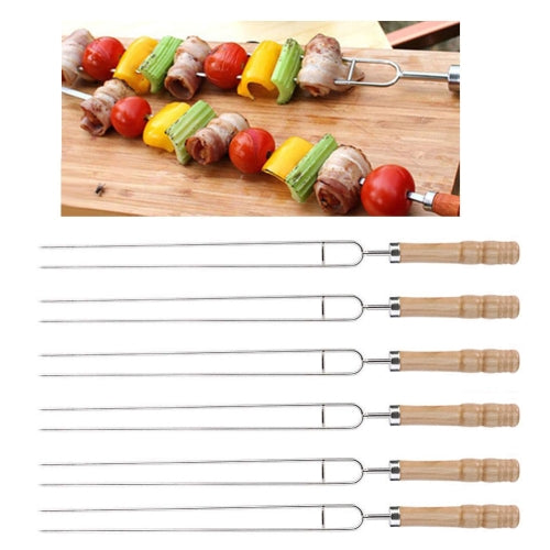 6 PCS U-shaped BBQ Fork Stainless Steel Barbecue Skewers Fork Wooden Handle Set