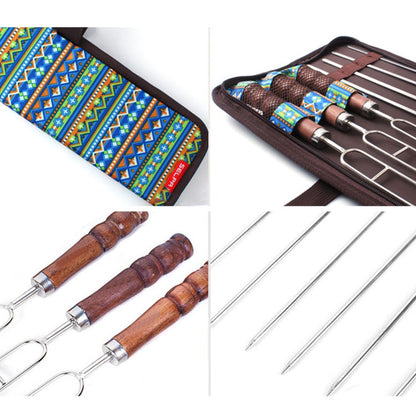 Outdoor Picnic BBQ Skewers Needle Barbecue Fork Wooden Handle Set