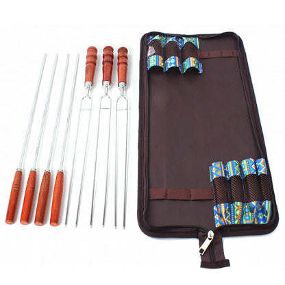 Outdoor Picnic BBQ Skewers Needle Barbecue Fork Wooden Handle Set