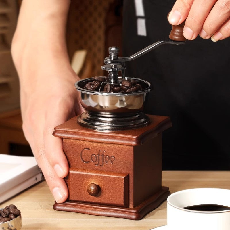 manual coffee grinder with wooden base for home use