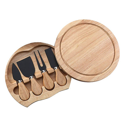 round cheese board with 4 knives for small gatherings