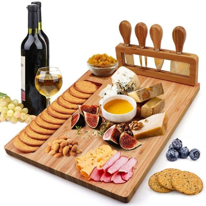 bamboo cheese board with 4 stainless steel knives