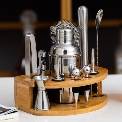 stainless steel cocktail shaker set with wooden stand for home bartending